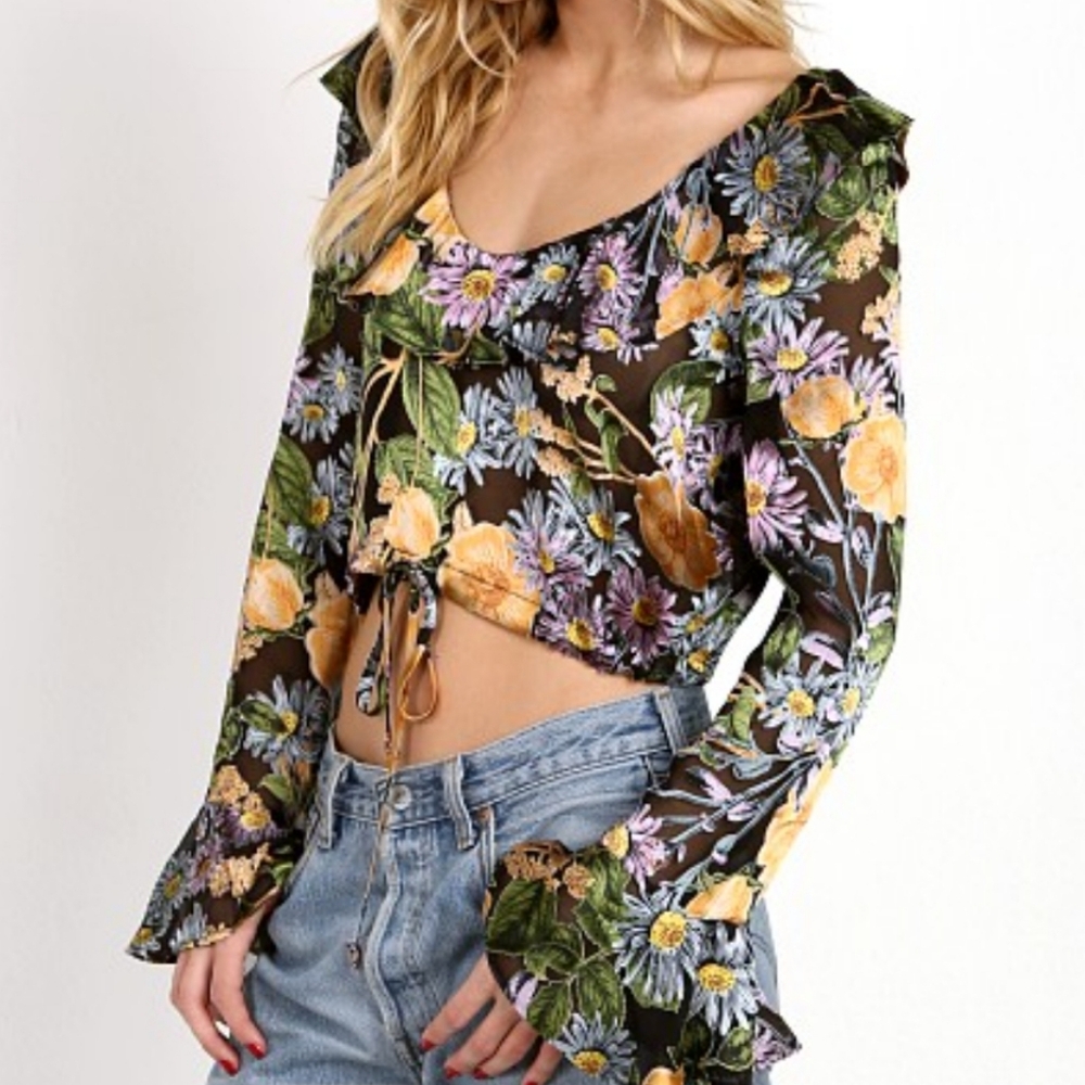 For Love & Lemons Silk Blend Floral Whimsical Fairycore Boho Crop Top